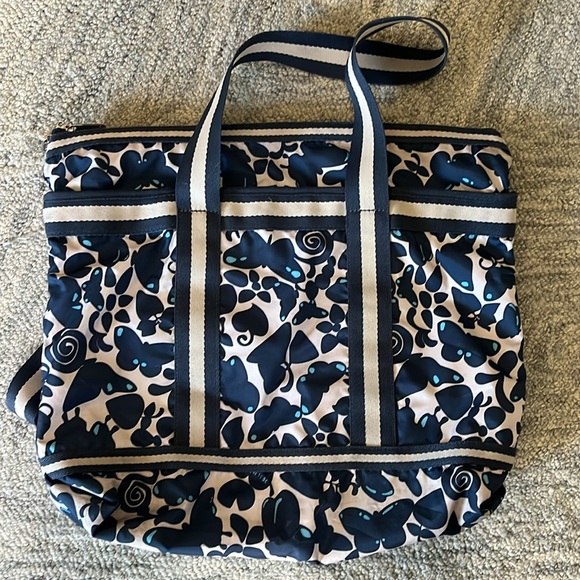 VGUC Lesportsac Blue Butterfly caterpillar pattern zip tote - Picture 7 of 10